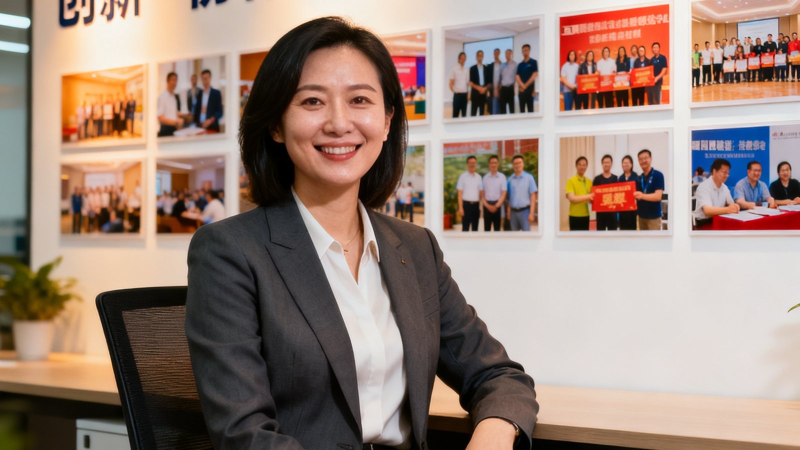 某互联网公司HR总监在办公室内微笑面对镜头，身后是公司文化墙和员工活动照片
